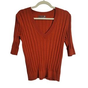 Anthropologie Rust Orange Ribbed V-Neck Elbow Sleeve Sweater Top Small